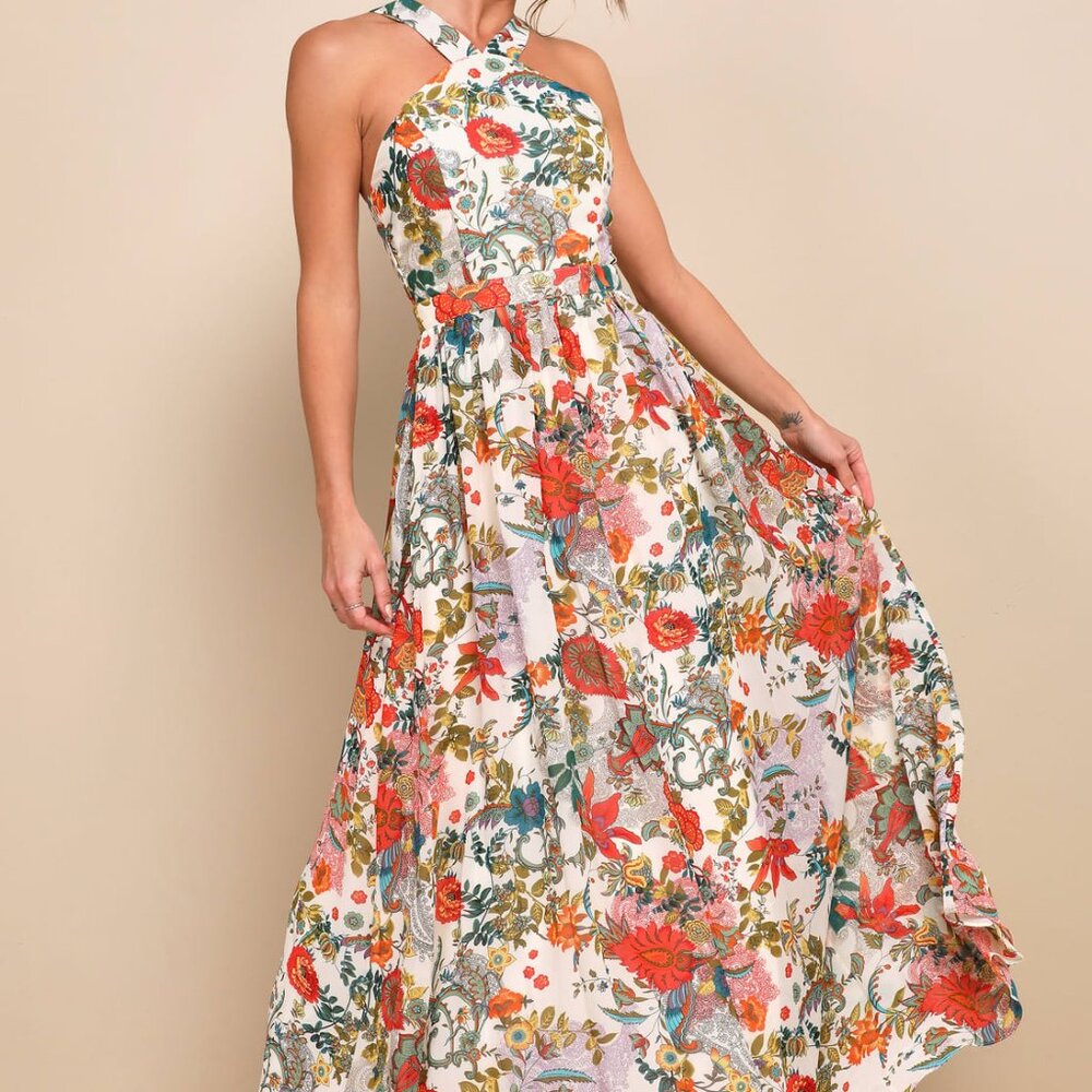 Lulus Lilja Cream Floral Print Maxi Dress Size L